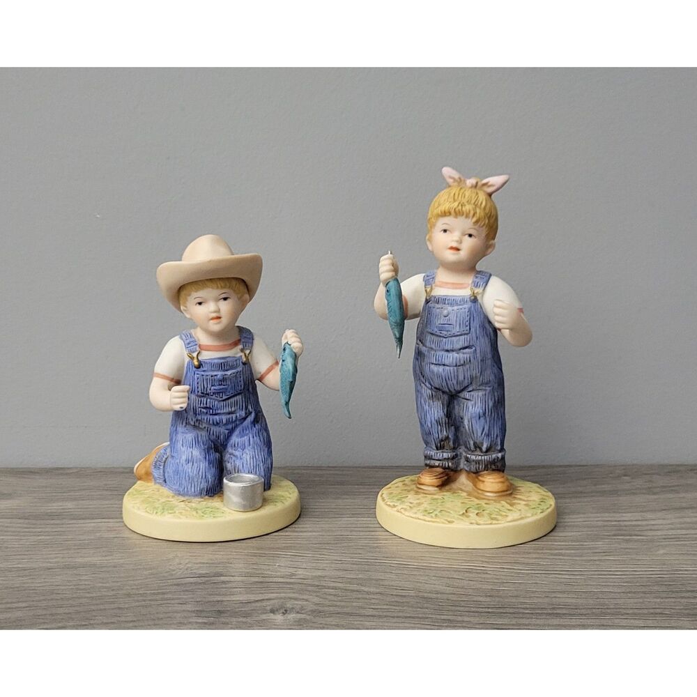 VTG 1998 Home Interiors Set of 2 Denim Days Catch of the Day Figurines 15331-98